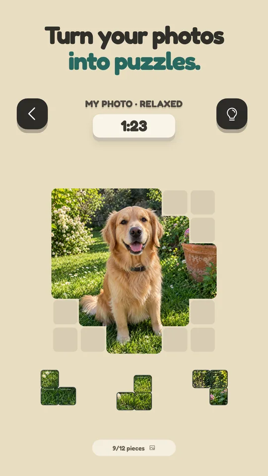 Photo Puzzle: Picture Pieces: Photo puzzle maker: turn your photos into block puzzles. Play offline. — Enlarge screenshot 1